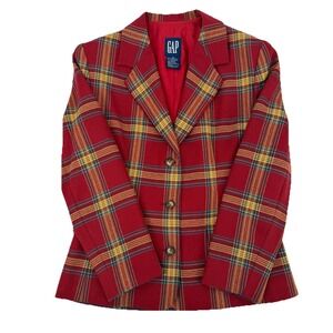 VTG Gap Sz 6 Wool Tartan Plaid Blazer Jacket Burgundy Yellow Academia Preppy 90s